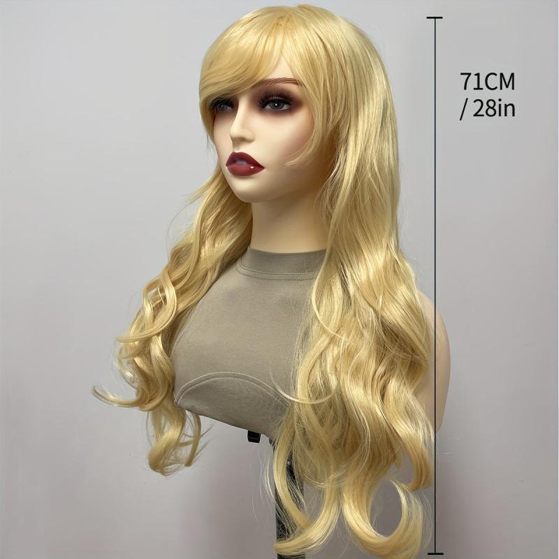Golden Long Wavy Wig With Bangs Synthetic Heat Resistant Costume Wig