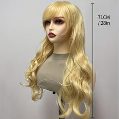 Golden Long Wavy Wig With Bangs Synthetic Heat Resistant Costume Wig