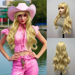 Golden Long Wavy Wig With Bangs Synthetic Heat Resistant Costume Wig