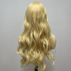Golden Long Wavy Wig With Bangs Synthetic Heat Resistant Costume Wig