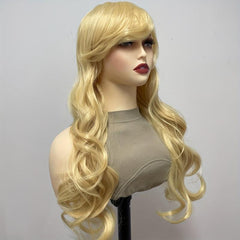 Golden Long Wavy Wig With Bangs Synthetic Heat Resistant Costume Wig
