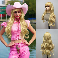 Golden Long Wavy Wig With Bangs Synthetic Heat Resistant Costume Wig