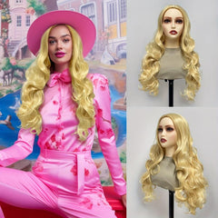 Golden Long Wavy Wig With Bangs Synthetic Heat Resistant Costume Wig