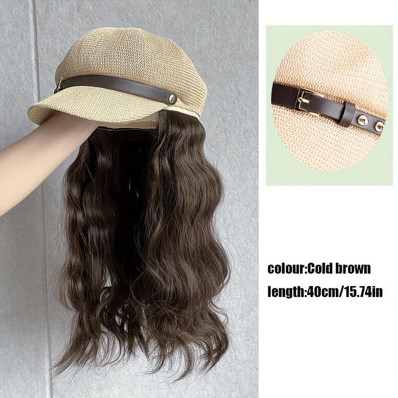 British Style Octagonal Hat Wig Retro Look Long Wavy Synthetic Hair Beret