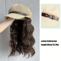 British Style Octagonal Hat Wig Retro Look Long Wavy Synthetic Hair Beret