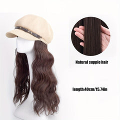 British Style Octagonal Hat Wig Retro Look Long Wavy Synthetic Hair Beret