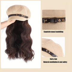 British Style Octagonal Hat Wig Retro Look Long Wavy Synthetic Hair Beret