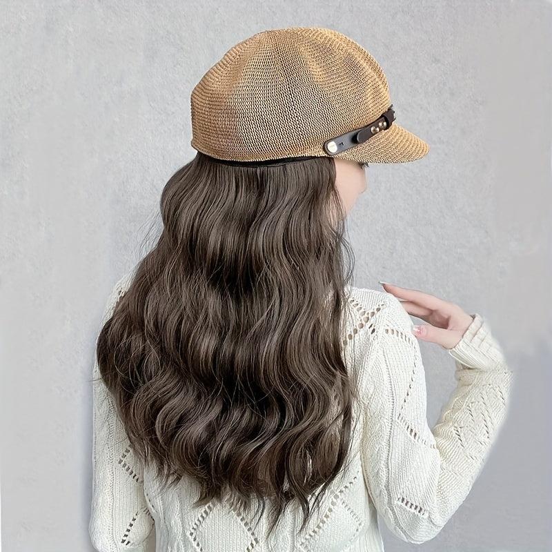 British Style Octagonal Hat Wig Retro Look Long Wavy Synthetic Hair Beret
