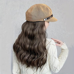 British Style Octagonal Hat Wig Retro Look Long Wavy Synthetic Hair Beret