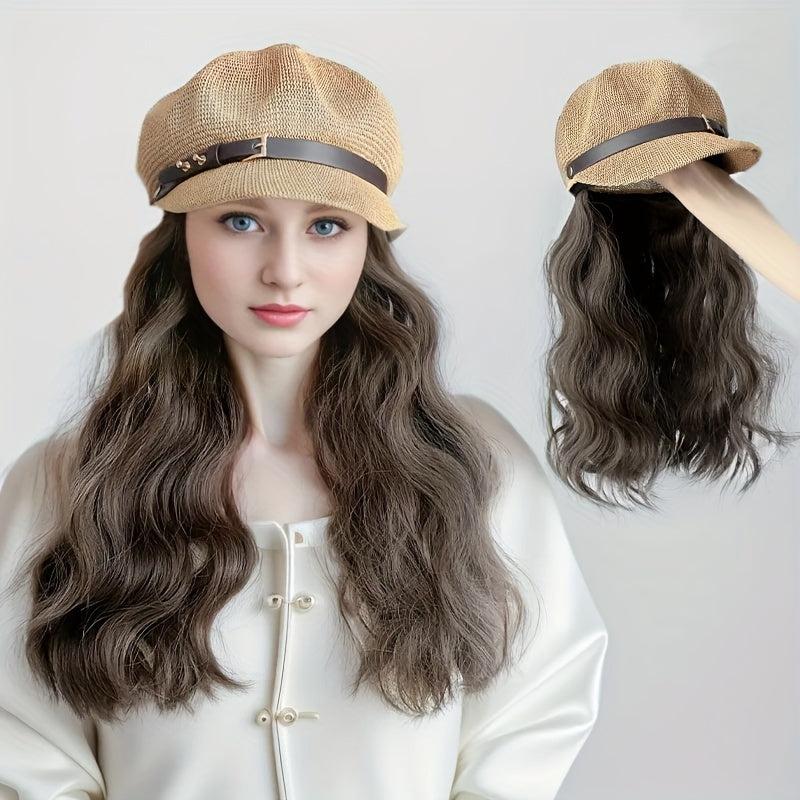 British Style Octagonal Hat Wig Retro Look Long Wavy Synthetic Hair Beret