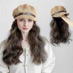 British Style Octagonal Hat Wig Retro Look Long Wavy Synthetic Hair Beret