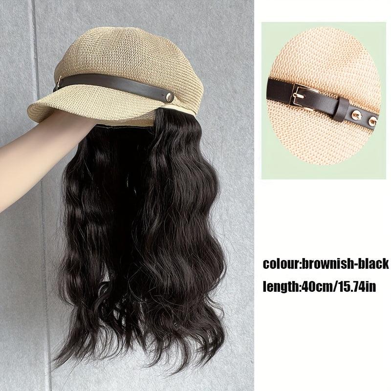 British Style Octagonal Hat Wig Retro Look Long Wavy Synthetic Hair Beret