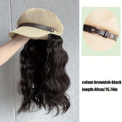 British Style Octagonal Hat Wig Retro Look Long Wavy Synthetic Hair Beret