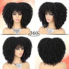 Short Afro Kinky Curly Wig With Bangs Ombre Brown Full Curly Wig