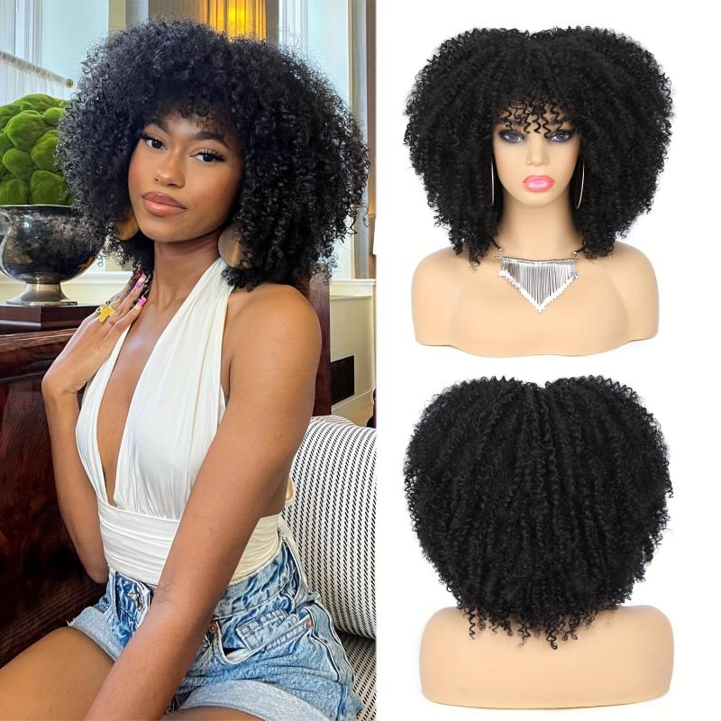 Short Afro Kinky Curly Wig With Bangs Ombre Brown Full Curly Wig