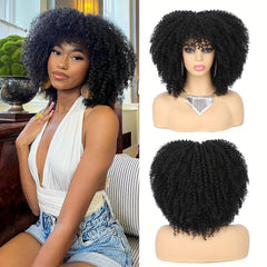 Short Afro Kinky Curly Wig With Bangs Ombre Brown Full Curly Wig