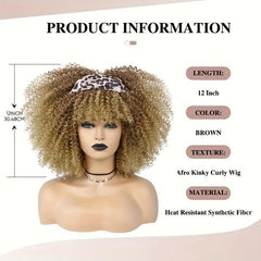 Short Afro Kinky Curly Wig With Bangs Ombre Brown Full Curly Wig