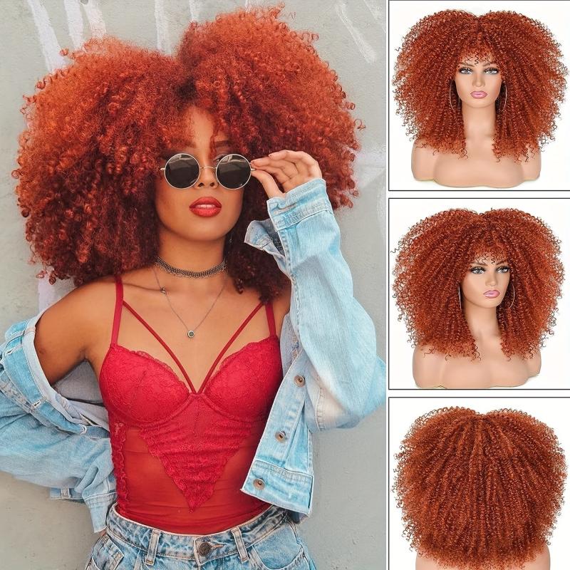 Short Afro Kinky Curly Wig With Bangs Ombre Brown Full Curly Wig