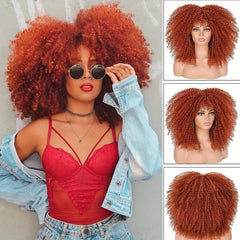 Short Afro Kinky Curly Wig With Bangs Ombre Brown Full Curly Wig
