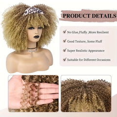 Short Afro Kinky Curly Wig With Bangs Ombre Brown Full Curly Wig