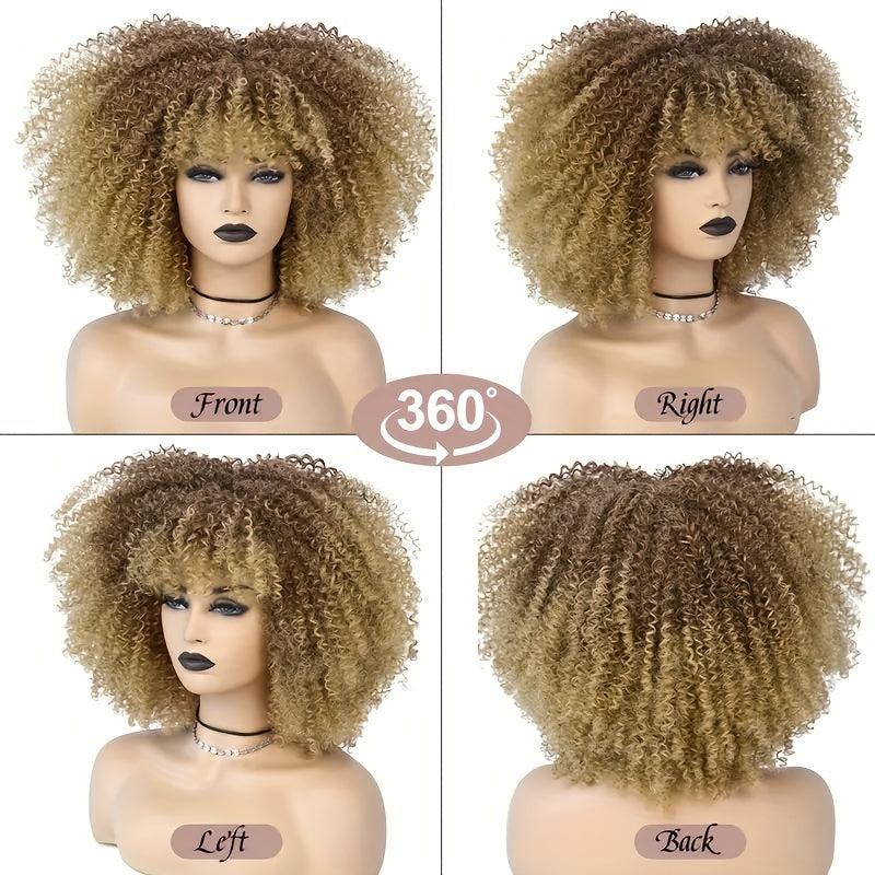 Short Afro Kinky Curly Wig With Bangs Ombre Brown Full Curly Wig