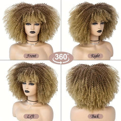 Short Afro Kinky Curly Wig With Bangs Ombre Brown Full Curly Wig