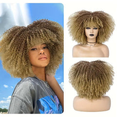 Short Afro Kinky Curly Wig With Bangs Ombre Brown Full Curly Wig