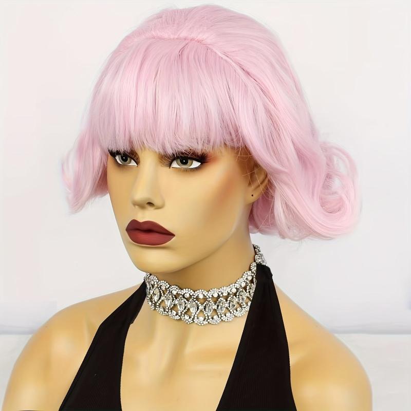 Vintage Pink Cosplay Wig Curly Wavy Short Bob Wig