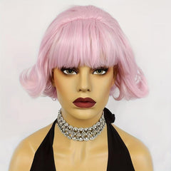Vintage Pink Cosplay Wig Curly Wavy Short Bob Wig