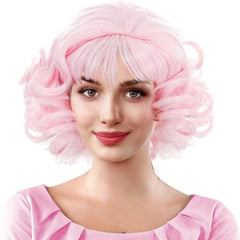 Vintage Pink Cosplay Wig Curly Wavy Short Bob Wig