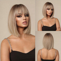 35 56 Cm Brown Straight Synthetic Wig with Bangs for Daily Use