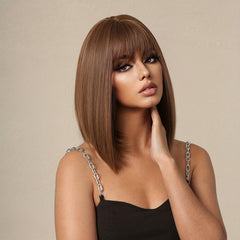 35 56 Cm Brown Straight Synthetic Wig with Bangs for Daily Use