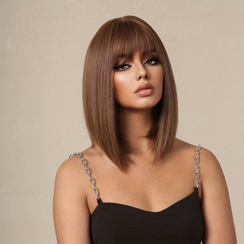 35 56 Cm Brown Straight Synthetic Wig with Bangs for Daily Use