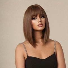 35 56 Cm Brown Straight Synthetic Wig with Bangs for Daily Use