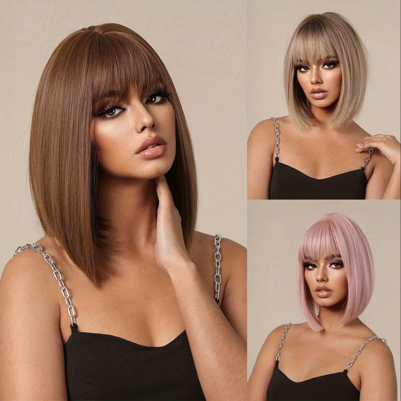 35 56 Cm Brown Straight Synthetic Wig with Bangs for Daily Use