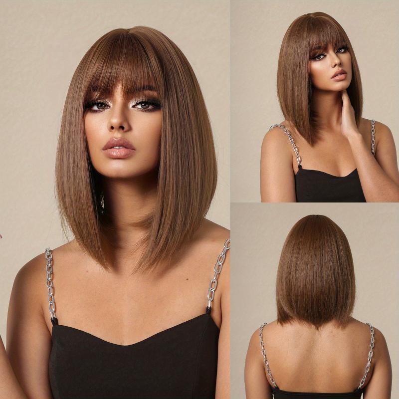 35 56 Cm Brown Straight Synthetic Wig with Bangs for Daily Use