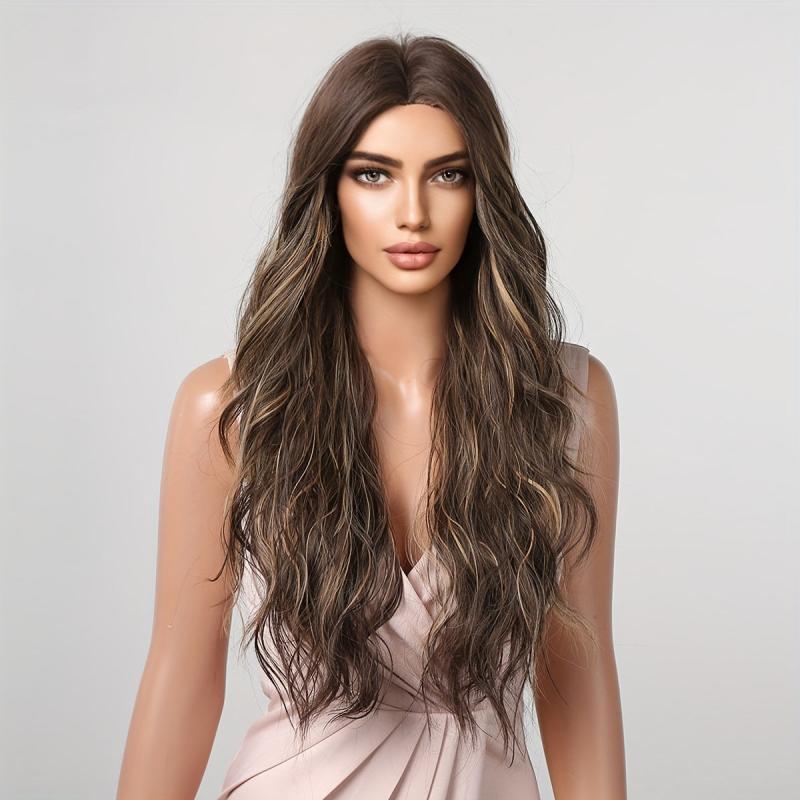Long Wavy Curly Wigs Middle Part Synthetic Heat Resistant Wigs For Women