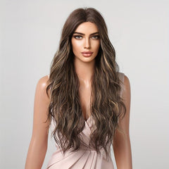Long Wavy Curly Wigs Middle Part Synthetic Heat Resistant Wigs For Women