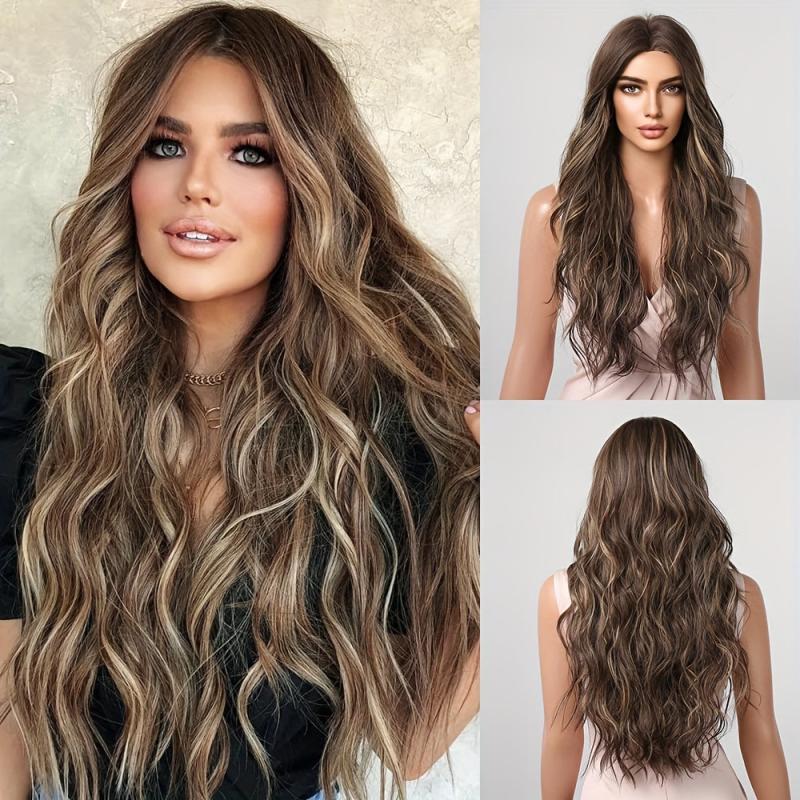 Long Wavy Curly Wigs Middle Part Synthetic Heat Resistant Wigs For Women