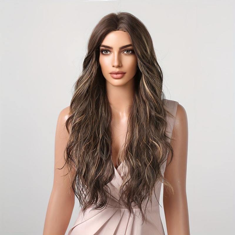 Long Wavy Curly Wigs Middle Part Synthetic Heat Resistant Wigs For Women