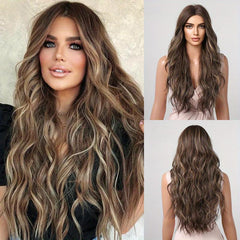 Long Wavy Curly Wigs Middle Part Synthetic Heat Resistant Wigs For Women