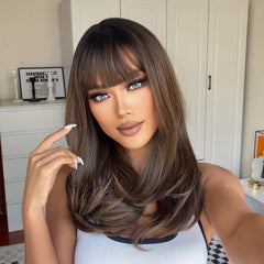 Natural 20 Inch Brown Long Wavy Wig for Women
