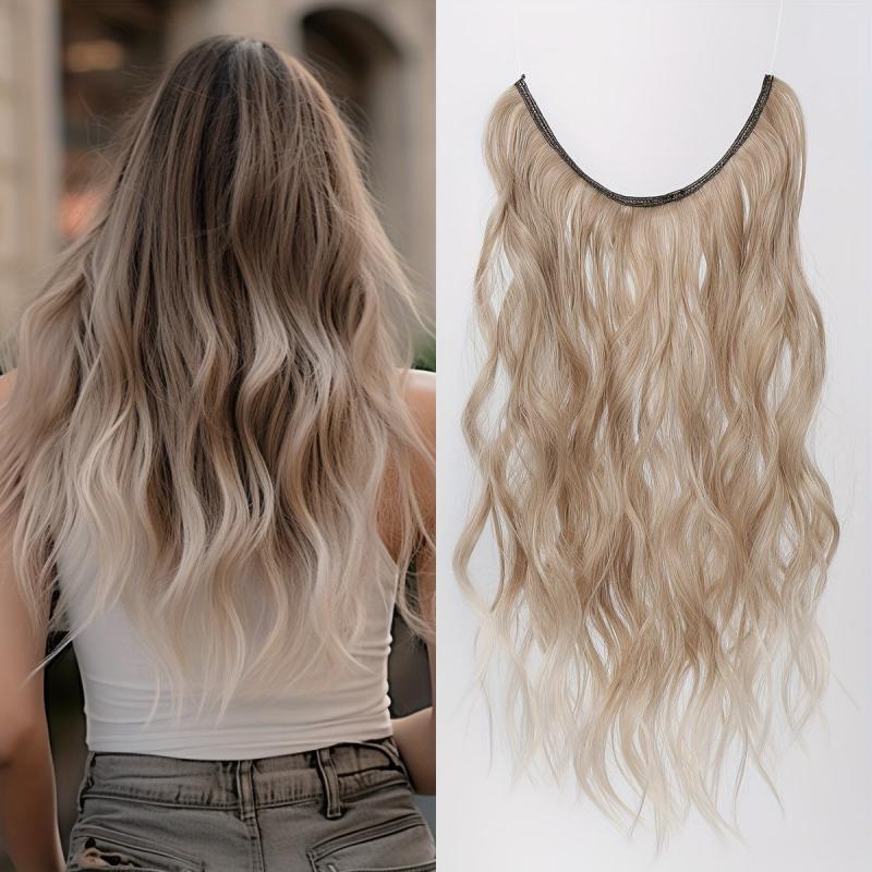 Orange Brown Water Wave Hair Piece Wig, Invisible Wire Secret Hairpieces