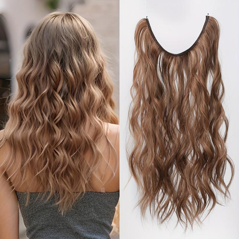 Orange Brown Water Wave Hair Piece Wig, Invisible Wire Secret Hairpieces