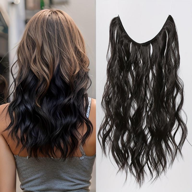 Orange Brown Water Wave Hair Piece Wig, Invisible Wire Secret Hairpieces