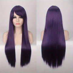 Purple Extra Long Straight Wig With Bangs Colored Synthetic Costume Wig