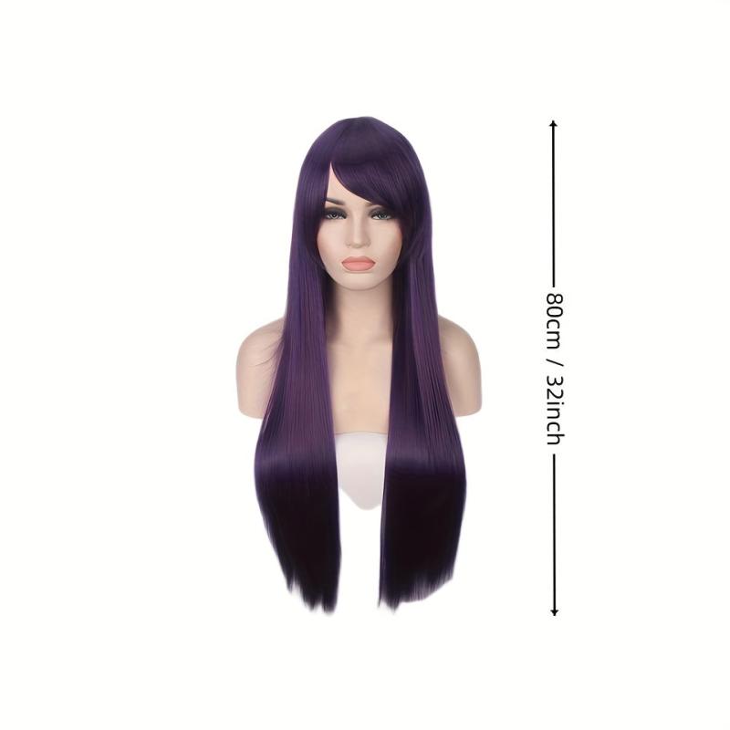 Purple Extra Long Straight Wig With Bangs Colored Synthetic Costume Wig