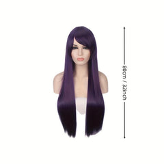 Purple Extra Long Straight Wig With Bangs Colored Synthetic Costume Wig