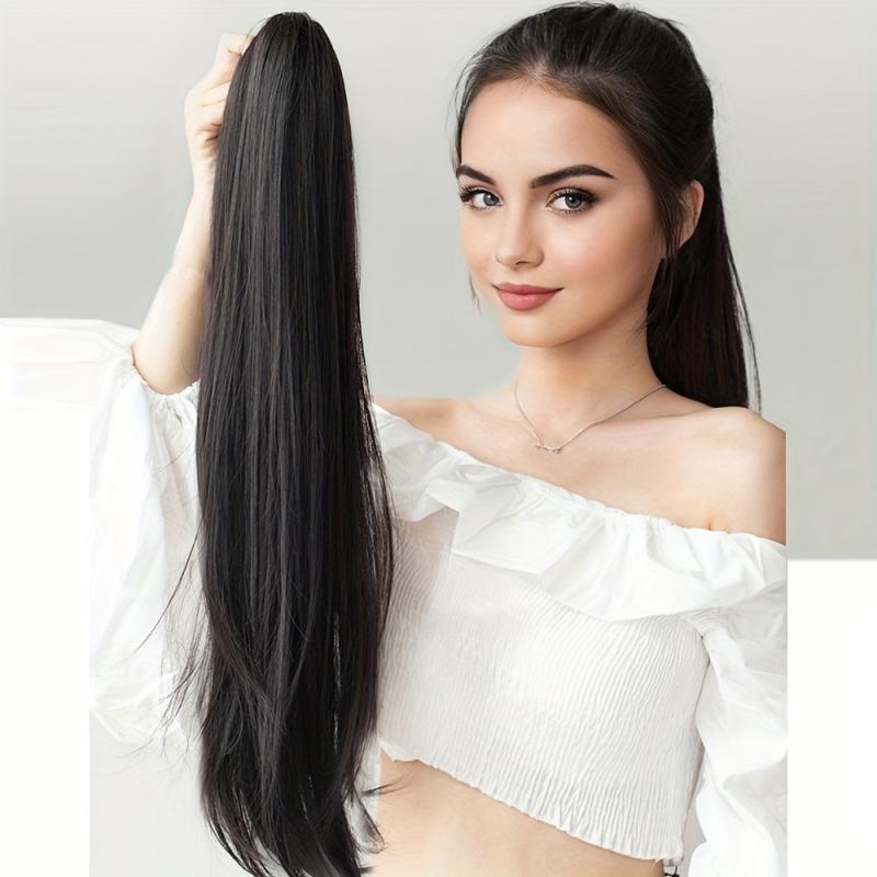 Brown Synthetic Long Straight Claw Clip On Ponytail Hair Extensions