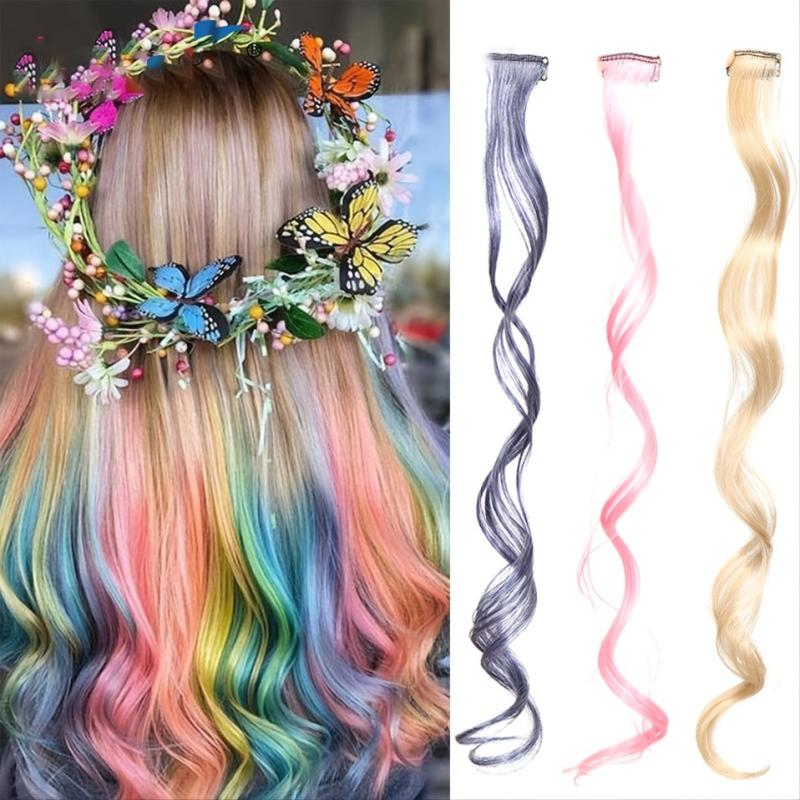 Y2K Long Curly Hair Extensions Clips Heat Resistant Wavy Colorful Hair for Party